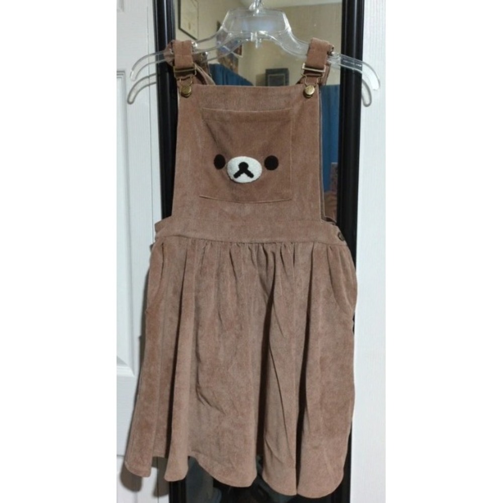 San-X Rilakkuma Suspender Dress Womens Size M Brown Corduroy Hooded Overall - Picture 2 of 7